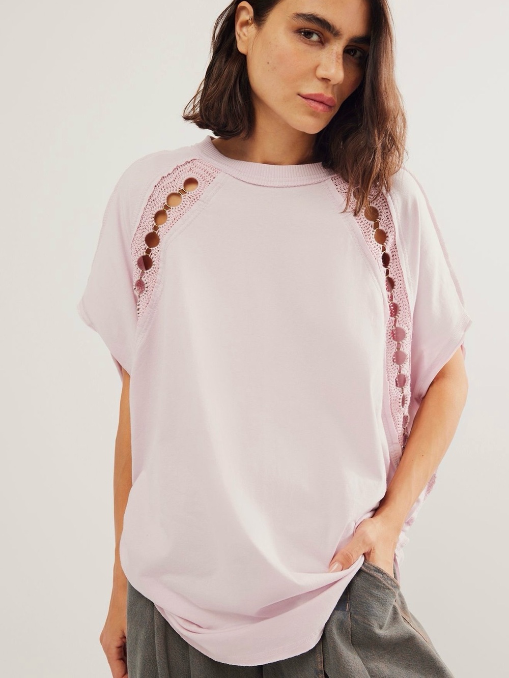 Free people Women's Light Pink Crochet-Trim Short Sleeve oversized Top